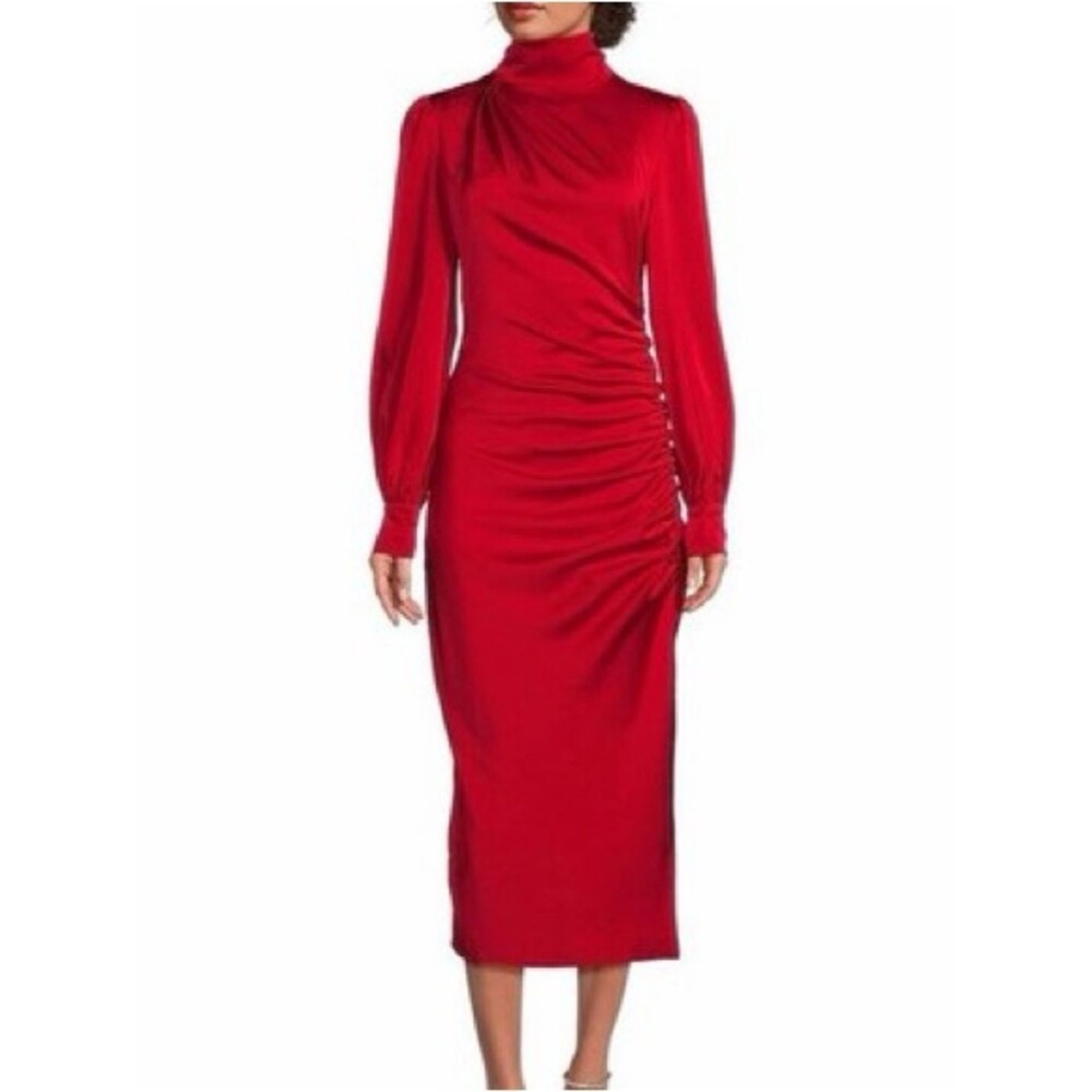 Belle Badgley Mischka Red Satin Draped Midi Dress - Size 4